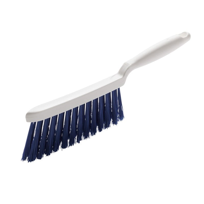The HAND BRUSH, PBT BLUE ø 0.25MM SOFT, 280X15X50 MM from Haug Bürsten KG features soft blue bristles and an angled design for gentle cleaning of sensitive surfaces or sweeping small areas.