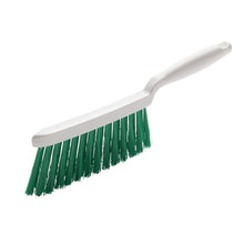 A Haug Bürsten KG HAND BROOM with a white handle and green, slotted PBT bristles (ø 0.25mm, soft) is depicted on a white background, angled with the handle at the top right and the bristles at the bottom left.