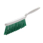 The Haug Bürsten KG HAND BRUSH, PBT green ø 0.25mm soft (280x15x50 mm), has green soft bristles and a white handle, angled for sweeping against a plain white background - perfect for household cleaning.