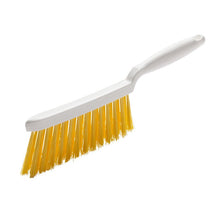 The HAND BROOM, PBT YELLOW SPLIT ø 0.25MM SOFT, 280X15X50 MM from Haug Bürsten KG has a white handle and soft yellow bristles, depicted on a plain white background - ideal for reliable cleaning tasks.