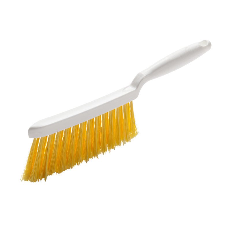 A HAND BROOM, PBT yellow ø 0.25mm soft (280x15x50 mm) from Haug Bürsten KG with a white handle and yellow soft bristles is depicted at an angle against a white background, showing the handle and the bristle side.