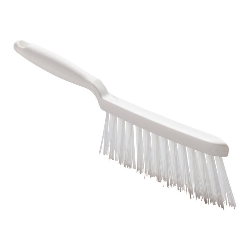 A Haug Bürsten KG HAND BROOM, PBT transparent ø 0.50mm hard, 280x15x45 mm, with long handle and stiff straight bristles, depicted with a clear pattern on a white background.