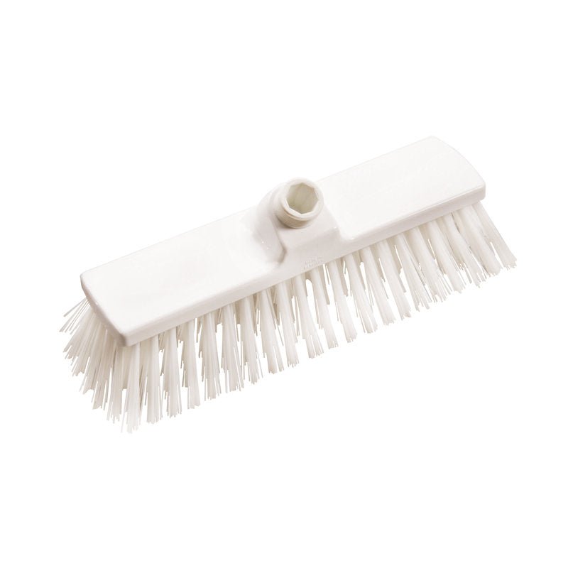 A BROOM, PBT HARD 300X70X65MM, Ø1.0MM from Haug Bürsten KG: a white rectangular brush head with stiff bristles and central handle attachment, depicted isolated on a plain white background.