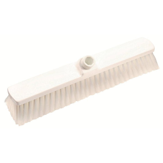 The LARGE AREA BROOM of Haug Bürsten KG features soft, closed PBT bristles (ø 0.25 mm) and measures 400x60x50mm, with a central plastic holder for the handle. Depicted diagonally on a white background, it is ideal for floor cleaning.