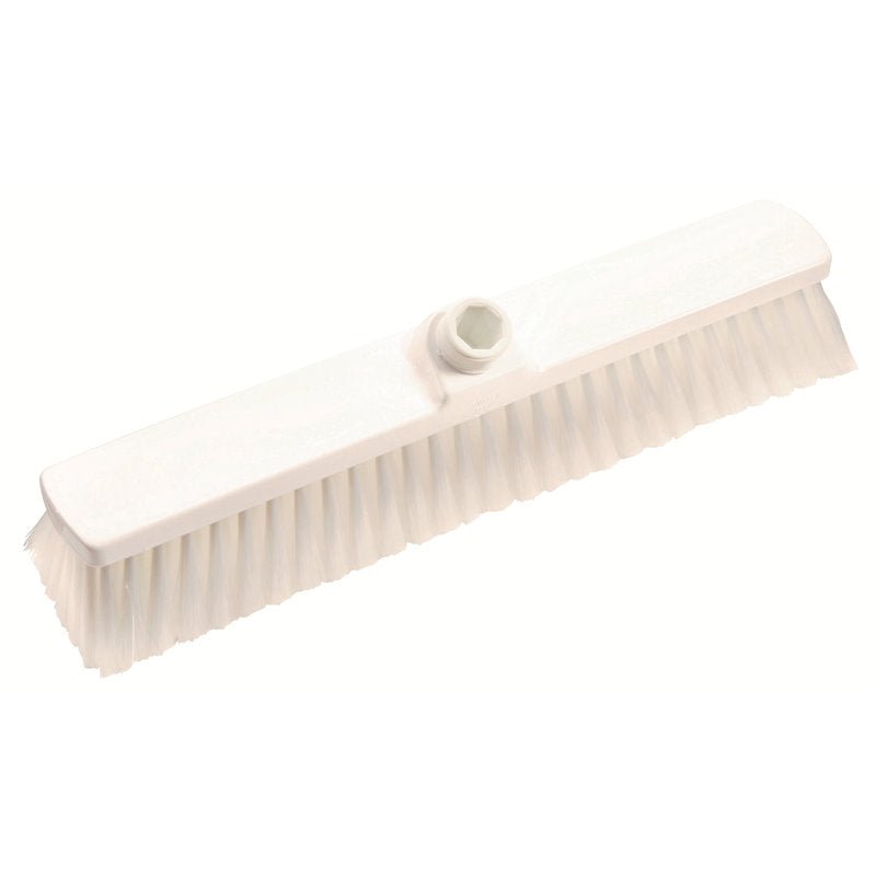 The LARGE AREA BROOM, PBT SOFT 400X60X50MM from Haug Bürsten KG is a white brush head with soft bristles and a central socket for attaching a handle, ideal for cleaning large surfaces, shown on a white background.