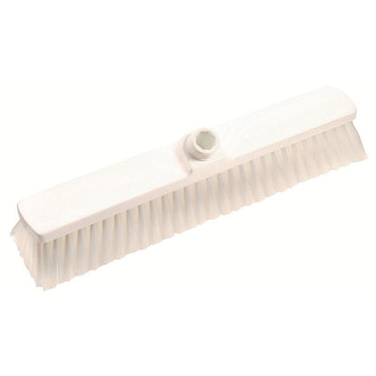 The LARGE AREA BROOM, PBT SOFT 400X60X50MM from Haug Bürsten KG is a white brush head with soft bristles and a central socket for attaching a handle, ideal for cleaning large surfaces, shown on a white background.