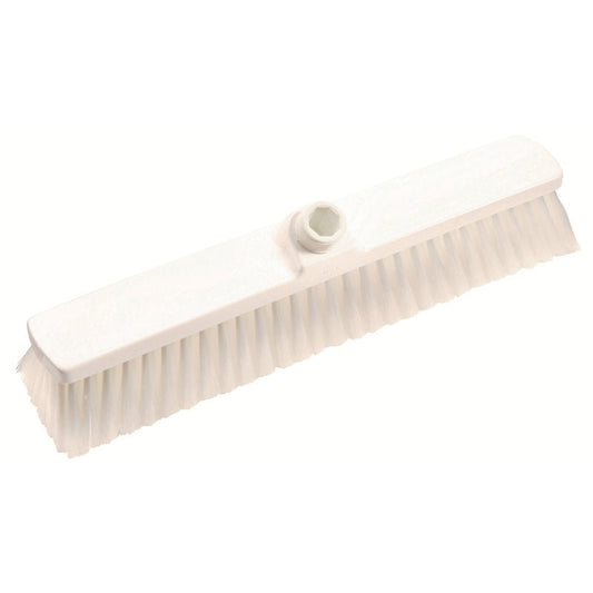 The LARGE AREA BROOM, PBT SOFT 400X60X50MM from Haug Bürsten KG is a white brush head with soft bristles and a central socket for attaching a handle, ideal for cleaning large areas, depicted on a white background.