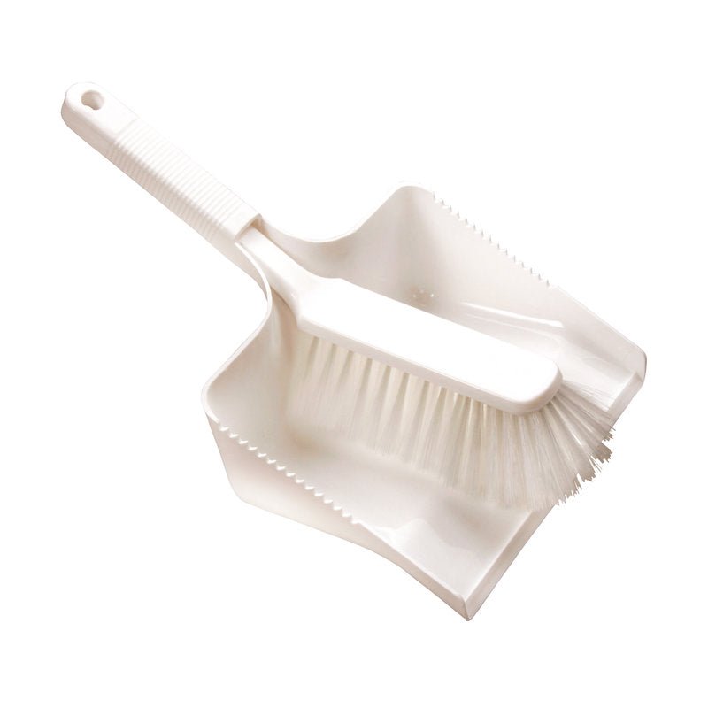 The DUSTPAN SET, PBT UNPOLISHED, 350X222X110MM from Haug Bürsten KG features stiff PBT bristles for cleaning; the brush fits into the dustpan, and both have ribbed handles for a comfortable grip.