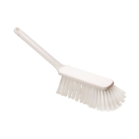 The HAND BRUSH, PBT UNSPLIT, 310X40X50MM from Haug Bürsten KG is a white plastic hand brush with a long handle and stiff PBT bristles, ideal for cleaning floors. Pictured here against a plain white background.