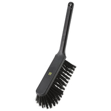 The ESD HAND BROOM, NYL.6.0 BLACK Ø0.30MM SOFT (310x40x50mm) from Haug Bürsten KG is a black hand broom with soft nylon bristles and a long handle, ideal for cleaning sensitive surfaces.