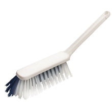 The HAND BROOM, PBT HARD+SOFT ø 0.50/0.25MM (310x40x45/50MM) from Haug Bürsten KG has stiff white and dark blue bristles and a white handle, ideal for thorough cleaning and is pictured on a white background.