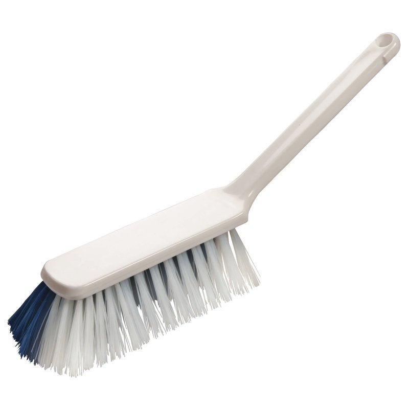 The HAND BRUSH from Haug Bürsten KG has a white handle and long, straight, white and blue PBT unslit bristles (ø 0.50/0.25mm) with dimensions of 310x40x45/50mm, depicted on a plain white background.