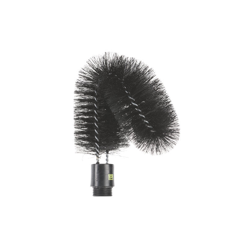 A black, flexible, twisted ESD OUTER PIPE BRUSH from Haug Bürsten KG with dense, antistatic nylon bristles (ø 0.30mm, soft), a plastic threaded base, and a curved shape is shown against a white background. Size: 190xø65x70mm.