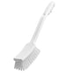 The HANDLE BRUSH, PBT HARD 400X48X35MM from Haug Bürsten KG is a white plastic cleaning brush with stiff PBT bristles, an angled handle with finger grooves, a hanging hole, and rectangularly arranged bristles.