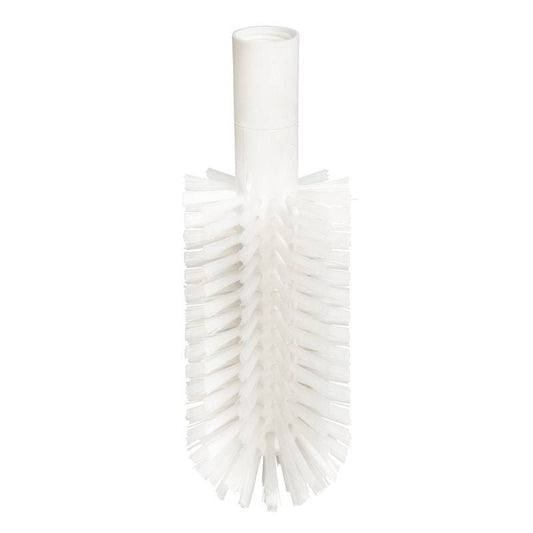 The PIPE BRUSH, PBT TRANSPARENT Ø0.50MM, WITH ADAPTER from Haug Bürsten KG features transparent, stiff PBT bristles on a cylindrical body and a solid handle, ideal for cleaning bottles or narrow containers.
