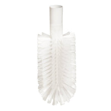 The PIPE BRUSH, PBT TRANSPARENT Ø0.50MM, WITH ADAPTER from Haug Bürsten KG is a white cylindrical brush with stiff, angled, transparent PBT bristles and a hollow plastic handle, depicted on a plain white background.