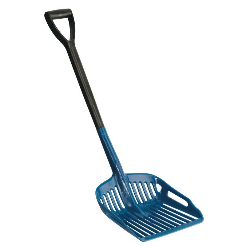 The MULTIPURPOSE AND SCOOPING FORK 322x322x952mm from Haug Bürsten KG is a blue-black plastic tool with a slotted shovel and a D-shaped handle, ideal for lifting and sifting materials in the kitchen.