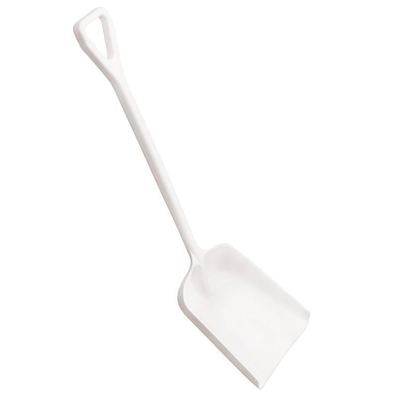 The SHOVEL, LARGE, ONE-PIECE, PP (400x340x1110mm) from Haug Bürsten KG is a robust white plastic shovel with a rectangular scoop and triangular handle, ideal for gardening, depicted on a plain white background.