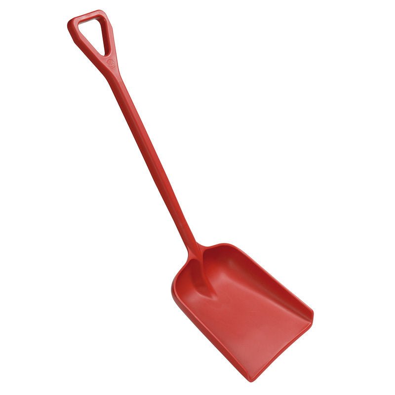 The Haug Bürsten KG SHOVEL, LARGE, ONE-PIECE, PP, 400X340X1110MM has a red PP construction with a D-shaped handle and a wide blade - perfect for gardening - on a white background.