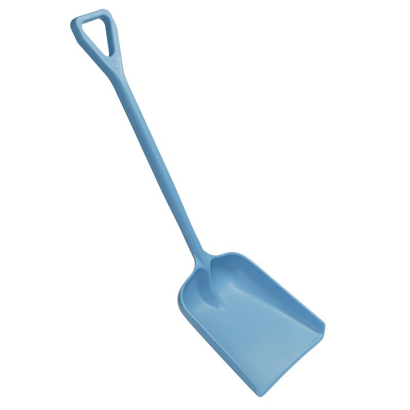 The SHOVEL, LARGE, ONE-PIECE, PP, 400X340X1110M from Haug Bürsten KG is a light blue plastic shovel with a wide scoop and D-shaped handle, made from durable PP material and on a white background.