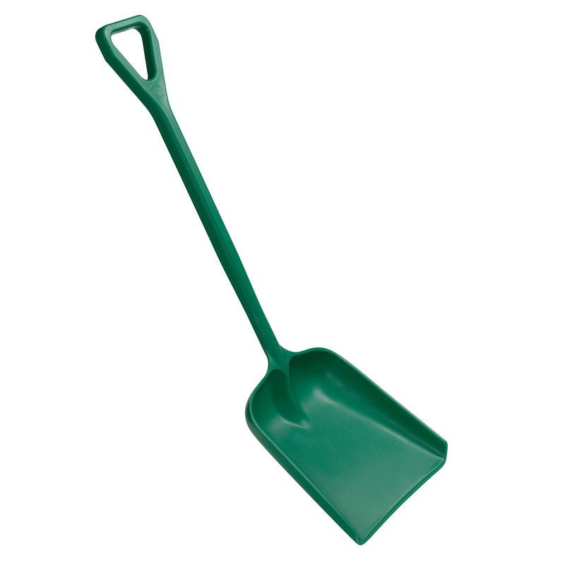The SHOVEL, LARGE, ONE-PIECE from Haug Bürsten KG is a green PP plastic shovel (400x340x1110mm) with a D-shaped handle and wide scoop - ideal for gardening. Made from durable material. Isolated on a white background.