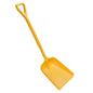 Pictured is a yellow SHOVEL, LARGE, ONE-PIECE, PP (400x340x1110mm) from Haug Bürsten KG with a flat rectangular scoop and a D-shaped handle, made from durable PP material on a white background.