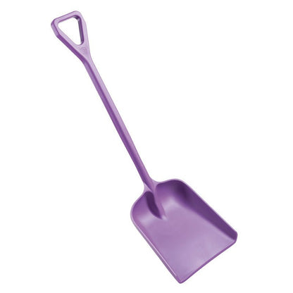 The SHOVEL, LARGE, ONE-PIECE (400x340x1110mm) from Haug Bürsten KG is a robust purple PP plastic shovel with a rectangular scoop and triangular handle, ideal for gardening, depicted on a white background.