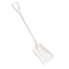 The SHOVEL SMALL, ONE-PIECE, PP (355x255x1050mm) from Haug Bürsten KG is a white polypropylene shovel with a rectangular blade and D-shaped handle, depicted on a plain white background.