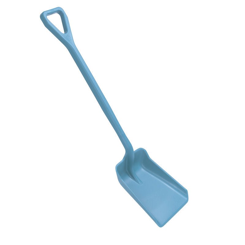 The SHOVEL SMALL, ONE-PIECE, PP (355x255x1050mm) from Haug Bürsten KG is a light blue polypropylene shovel with a rectangular blade and D-shaped handle, depicted diagonally on a white background.