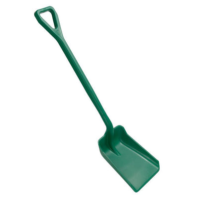 The SHOVEL SMALL, ONE-PIECE, PP (355x255x1050 mm) from Haug Bürsten KG is a green polypropylene shovel with a wide, rectangular blade and long handle, depicted on a white background.