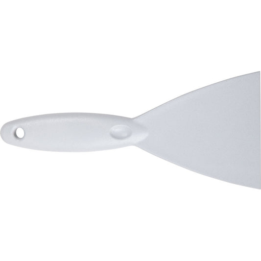 A SPACHTEL,PP, 250x110X18MM from Haug Bürsten KG is shown against a plain background, with its quality highlighted by a close-up of the handle and part of the blade with a hole in the handle.
