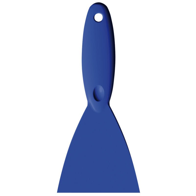 The Haug Bürsten KG SPACHTEL,PP, 250x110X18MM features a wide blade and a rounded handle with a hole at the top for convenient hanging.