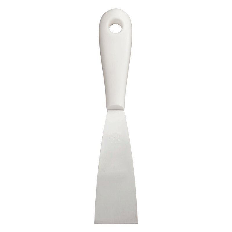 The SPATULA WITH PLASTIC HANDLE, STAINLESS STEEL, RUST-FREE from Haug Bürsten KG impresses with a flat, rectangular stainless steel blade, solid white plastic handle, and hanging hole - durable and versatile in use.