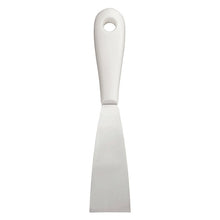 The SPATULA WITH PLASTIC HANDLE, STAINLESS STEEL, RUST-FREE from Haug Bürsten KG impresses with a flat, rectangular stainless steel blade, solid white plastic handle, and hanging hole - durable and versatile in use.
