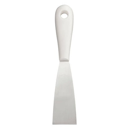 The SPATULA WITH PLASTIC HANDLE, STAINLESS STEEL, RUST-FREE from Haug Bürsten KG impresses with a flat, rectangular stainless steel blade, solid white plastic handle, and hanging hole - durable and versatile in use.