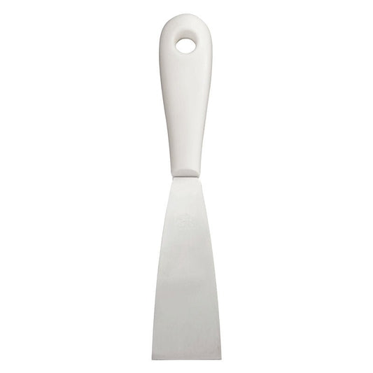 The SPATULA WITH PLASTIC HANDLE, STAINLESS STEEL, RUST-FREE from Haug Bürsten KG impresses with a flat, rectangular stainless steel blade, solid white plastic handle, and hanging hole - durable and versatile in use.