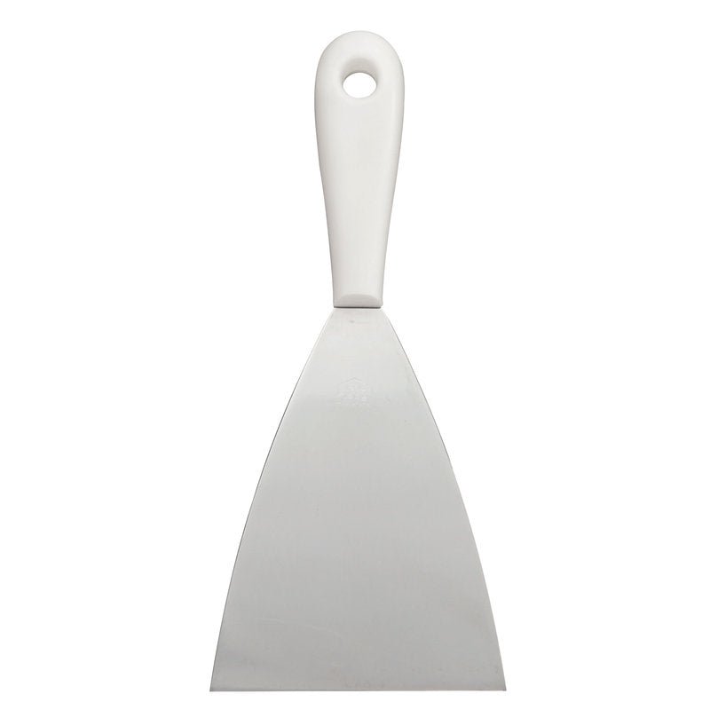 The SPATULA WITH PLASTIC HANDLE, STAINLESS STEEL, RUST-FREE from Haug Bürsten KG offers a wide stainless steel blade and a white plastic handle with hanging hole - durable and practical for versatile applications.