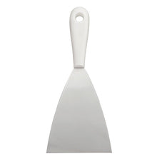 The SPATULA WITH PLASTIC HANDLE, STAINLESS STEEL, RUST-FREE from Haug Bürsten KG offers a wide stainless steel blade and a white plastic handle with hanging hole - durable and practical for versatile applications.