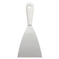 The SPATULA WITH PLASTIC HANDLE, STAINLESS STEEL, RUST-FREE from Haug Bürsten KG offers a wide stainless steel blade and a white plastic handle with hanging hole - durable and practical for versatile applications.