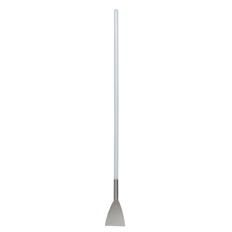 The SPATULA WITH LONG HANDLE, STAINLESS STEEL, HANDLE PA,1130X100X15 from Haug Bürsten KG features a white rod and a flat triangular blade made of stainless steel - an indispensable drywall tool for precise work, depicted on a plain white background.