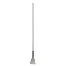 The SPATULA WITH LONG HANDLE, STAINLESS STEEL, HANDLE PA,1130X100X15 from Haug Bürsten KG features a white rod and a flat triangular blade made of stainless steel - an indispensable drywall tool for precise work, depicted on a plain white background.