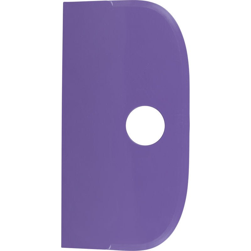The SCHABER LARGE, PP, FLEXIBLE, 230x118mm from Haug Bürsten KG is a purple polypropylene scraper with a rounded top edge, flat bottom edge, and central circular hole - ideal for smooth dough processing and easy cleaning.