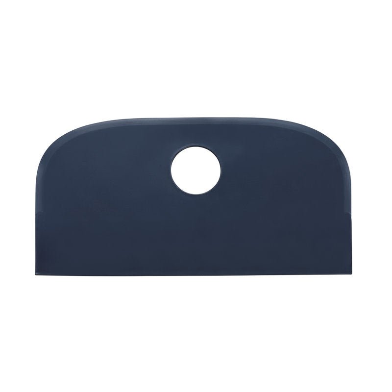 A rectangular, dark blue sink cover with rounded top corners and a central, round cutout fits perfectly with the METDEC PREM. SCRAPER LARGE, PP, FLEXIBLE, BLUE, 230X118MM from Haug Bürsten KG for efficient cleaning.