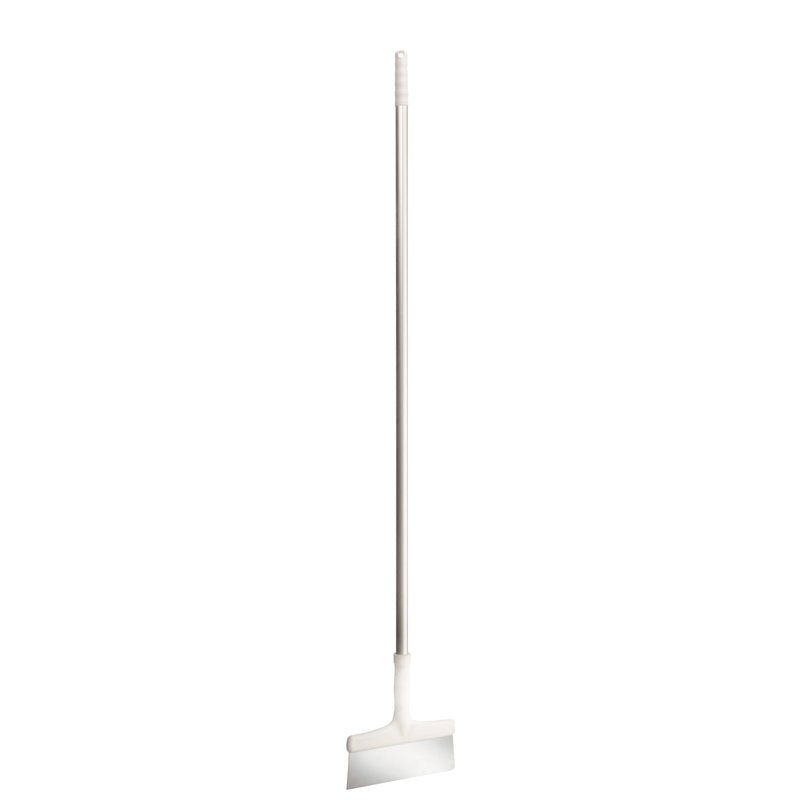 The Haug Bürsten KG FLOOR SCRAPER WITH ALUMINUM HANDLE features a 250x35x1382mm stainless steel blade and a white aluminum handle, ideal for efficiently removing dirt from surfaces.