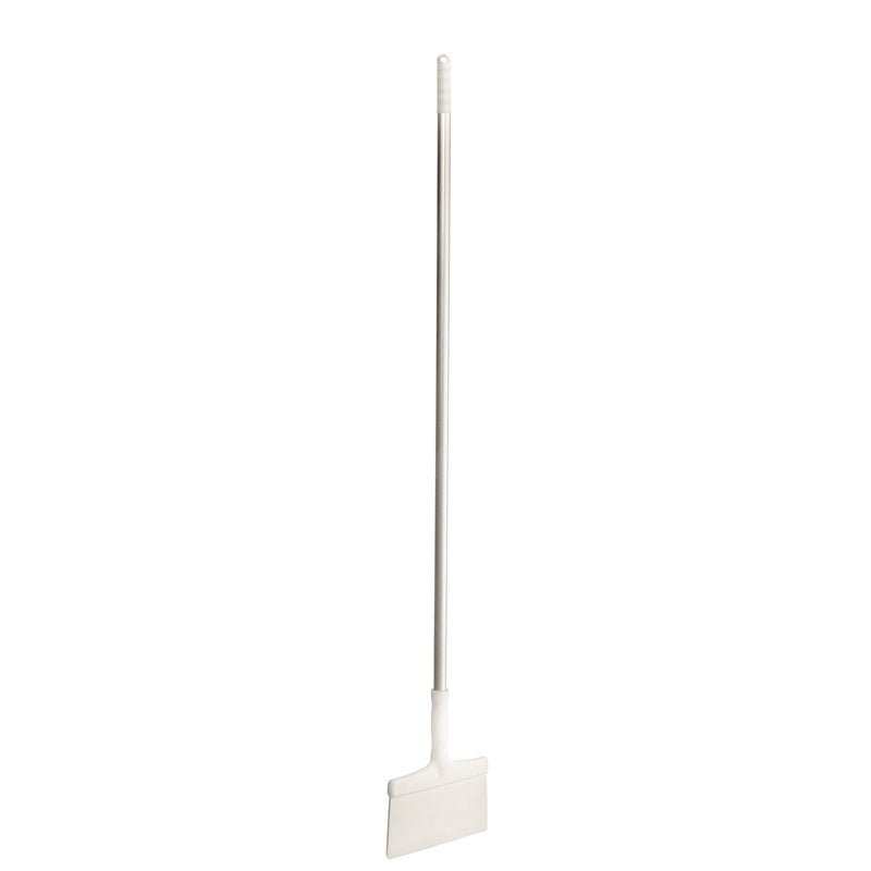 The Haug Bürsten KG FLOOR SCRAPER WITH ALUMINUM HANDLE PA-SCRAPER (250x35x1418MM) is a long-handled cleaning tool with a white aluminum handle and a flat, rectangular blade, ideal for cleaning floors and depicted upright against a plain white background.