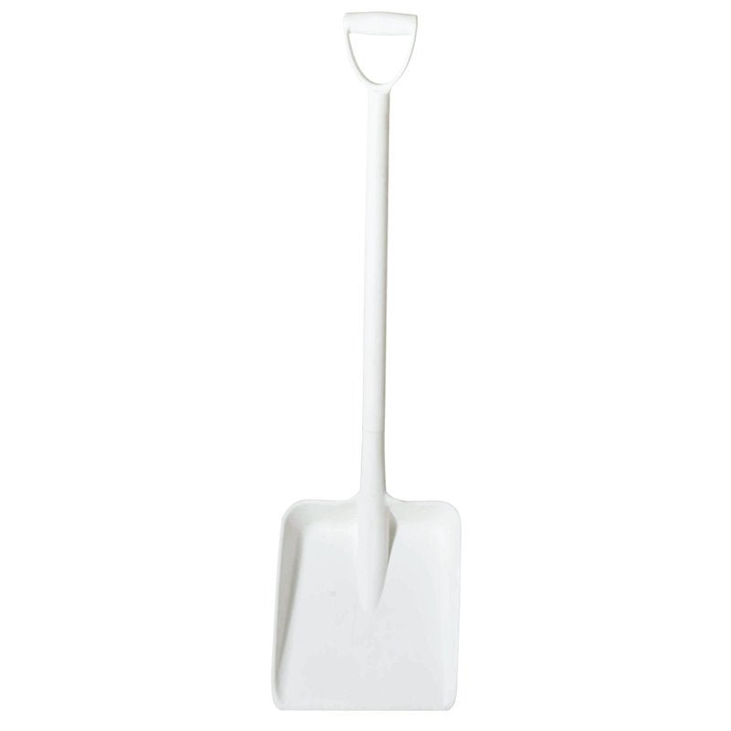 The SHOVEL LARGE, ONE-PIECE, PP WHITE 1170X330X310MM from Haug Bürsten KG stands upright with a D-handle and wide, flat blade against a white background.
