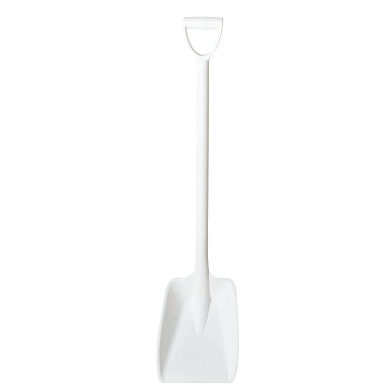 The SHOVEL SMALL, ONE-PIECE, PP WHITE 1150x320x260mm from Haug Bürsten KG stands upright with a D-shaped handle and wide blade - perfect for small construction work or everyday tasks.