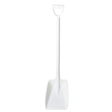 The SHOVEL SMALL, ONE-PIECE, PP WHITE 1150x320x260mm from Haug Bürsten KG stands upright with a D-shaped handle and wide blade - perfect for small construction work or everyday tasks.