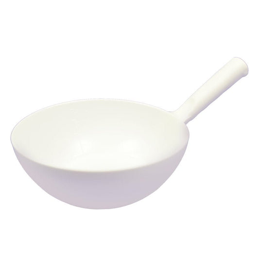The LADLE ROUND 1.5 L from Haug Bürsten KG (360 x ø220 x 80 mm) is a white, round porcelain bowl with a straight handle, ideal for heating and evaporating liquids in the laboratory.