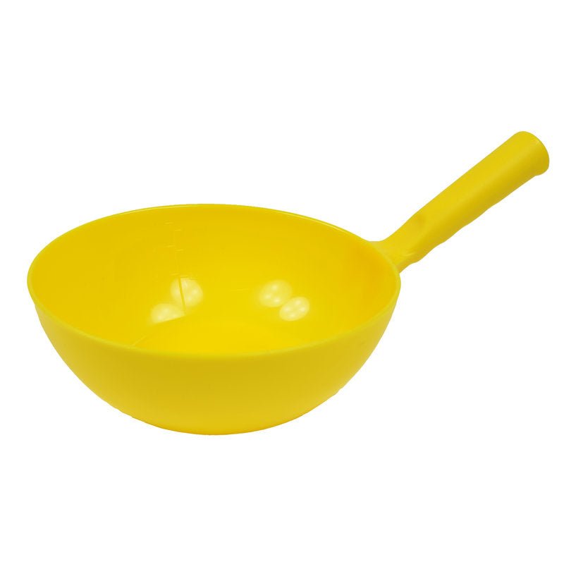 The LADLE ROUND 1.5 L from Haug Bürsten KG (360 x ø220 x 80 mm) is a bright yellow plastic ladle with a long handle, photographed on a white background - an essential tool for every kitchen.